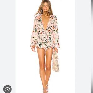Agua Bendita • Larissa ruffle short floral pink romper cover up • M